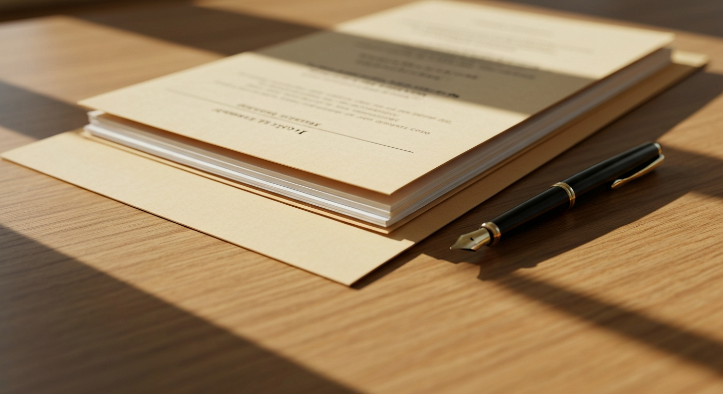 Manila folder with homeowners association documents and a fountain pen on a clean oak desk, warm window light