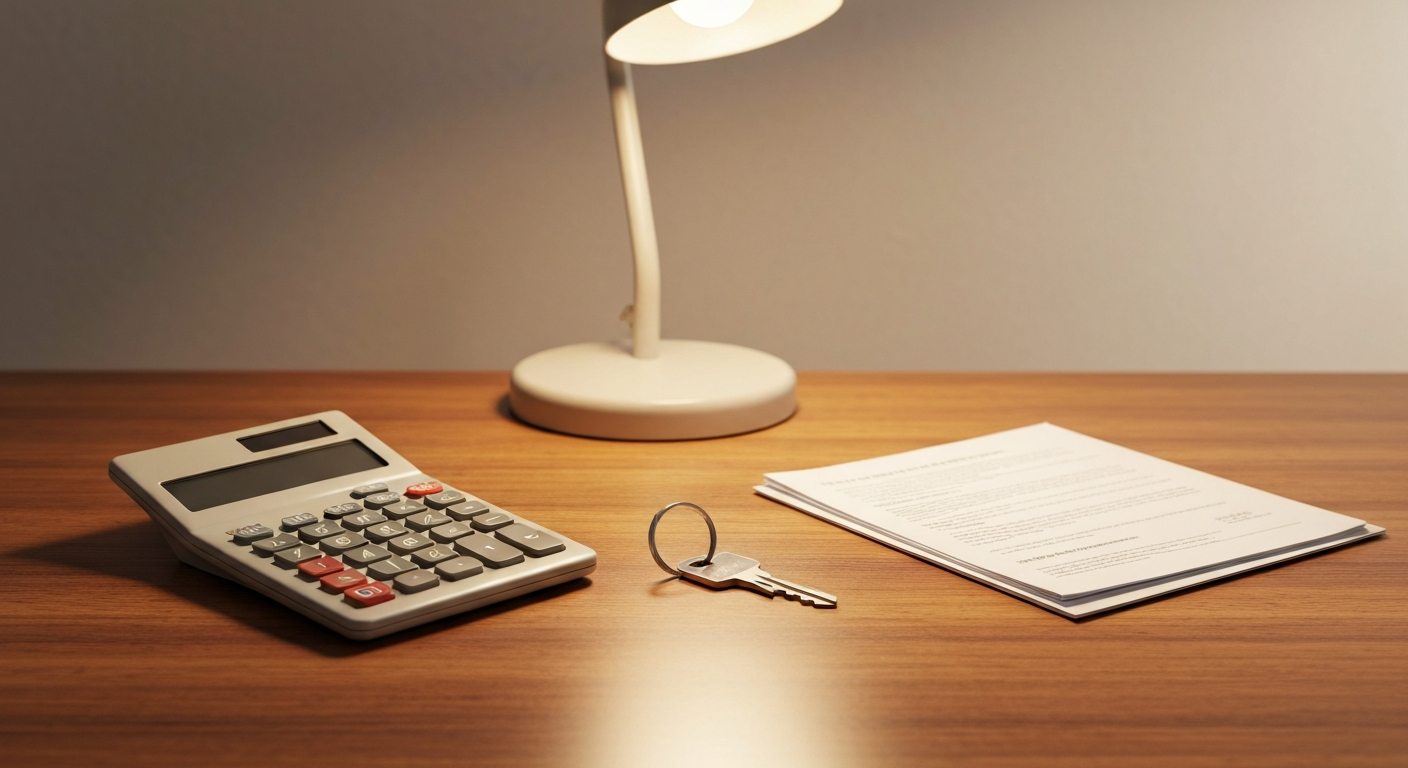 Calculator, a single house key on a ring, and property documents on an oak desktop, soft warm lamp light