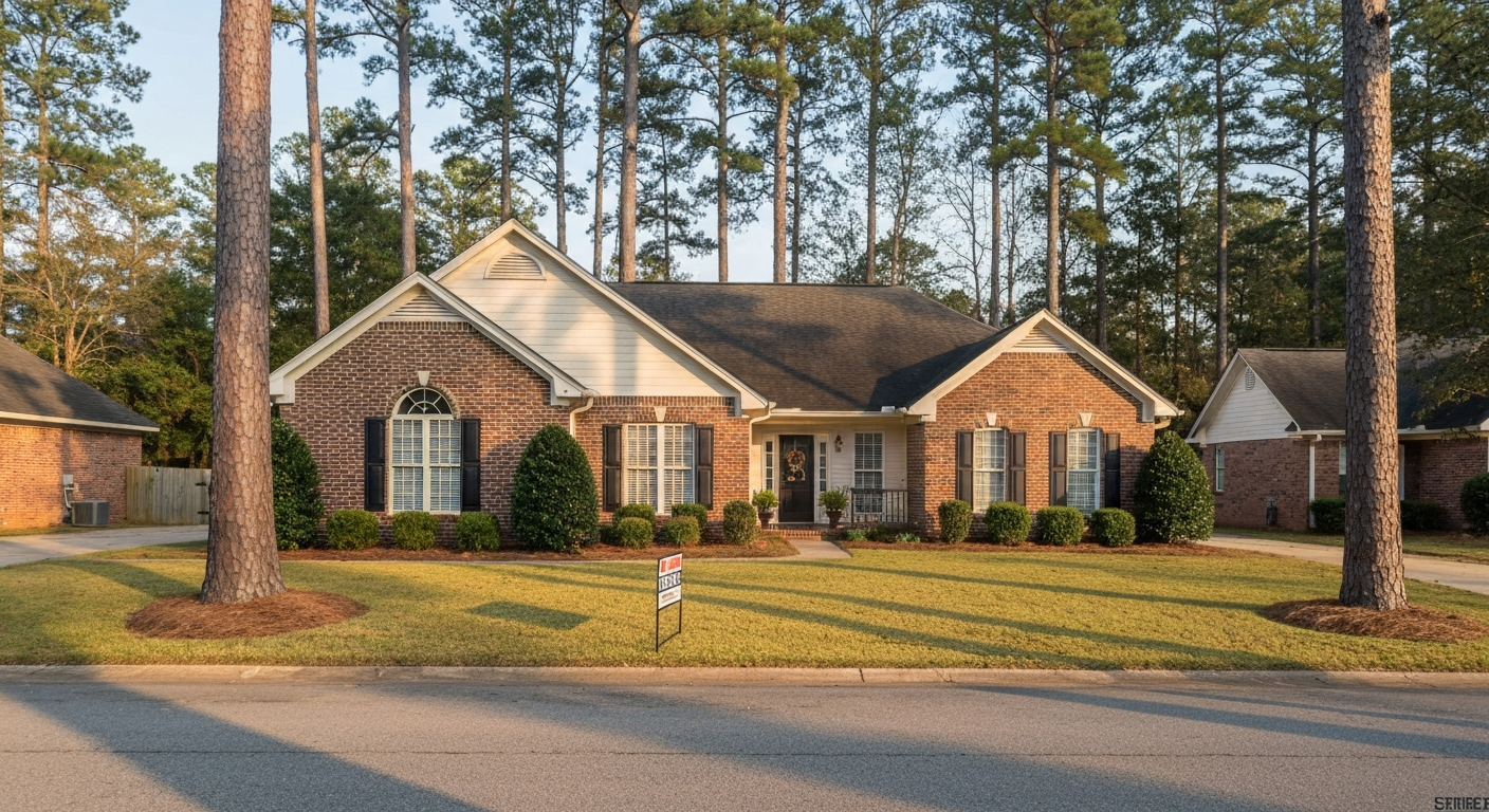 Brick ranch home on a tree-lined Evans Georgia residential street with a For Rent sign on the manicured front lawn at golden hour