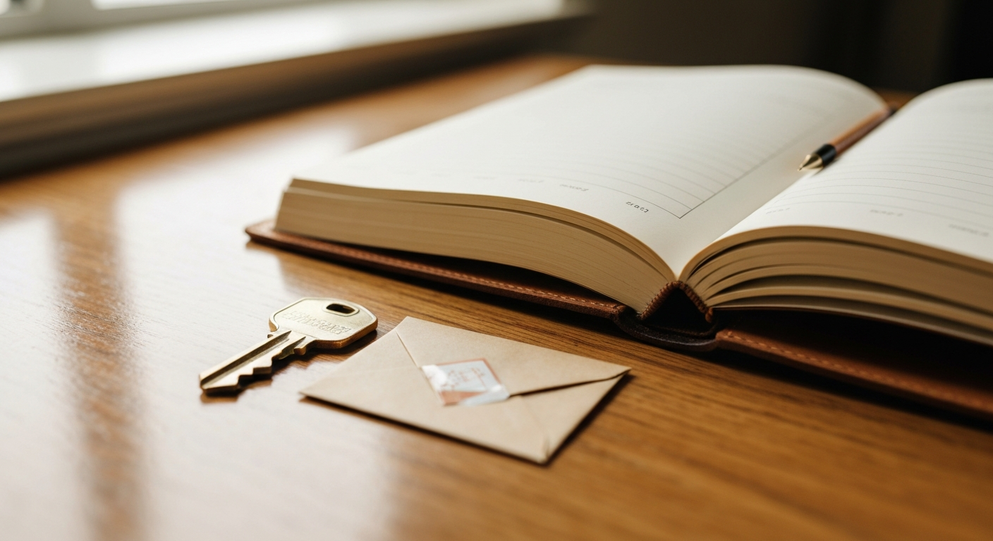 Calculator, brass house key, and ledger notebook on polished wooden desk in warm window light