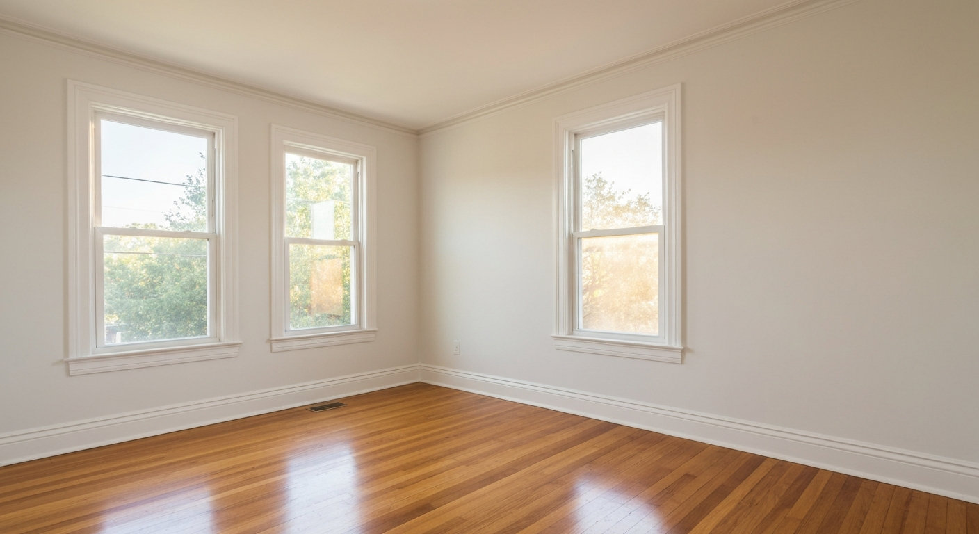 Freshly-painted bright living room interior with hardwood floors and warm afternoon light through tall windows in a CSRA rental