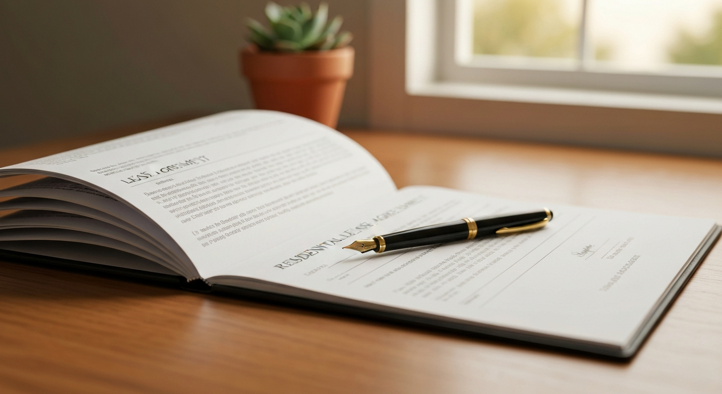 Open residential lease agreement with fountain pen on a clean wooden desk in warm afternoon light, Augusta GA rental property