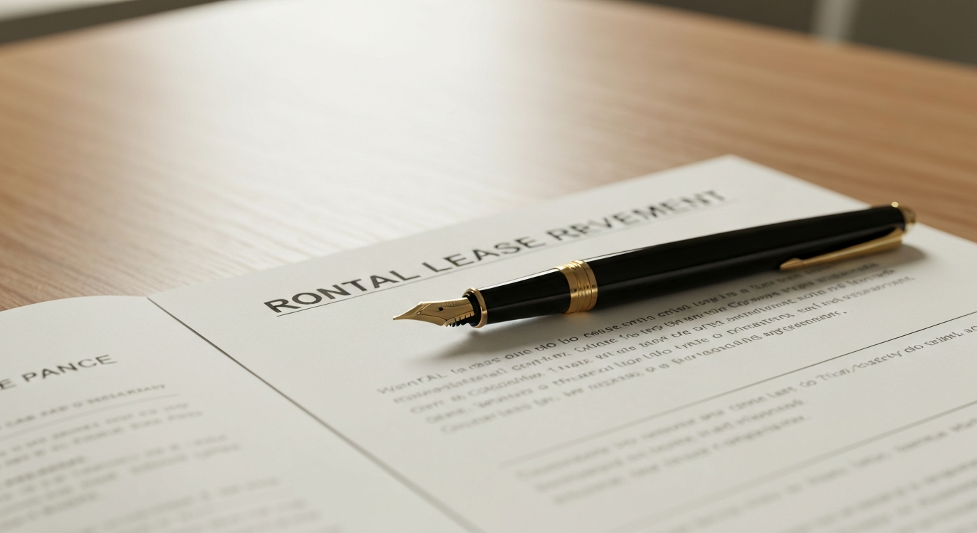 Fountain pen resting on a rental lease renewal agreement on an oak desk in warm window light