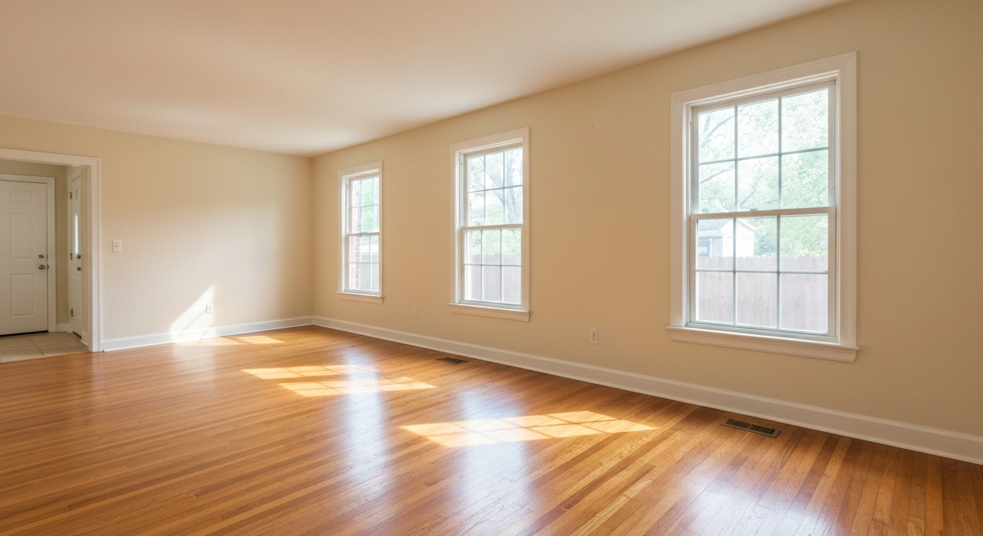 Empty freshly painted living room with hardwood floors and natural light through tall windows in a Georgia rental home