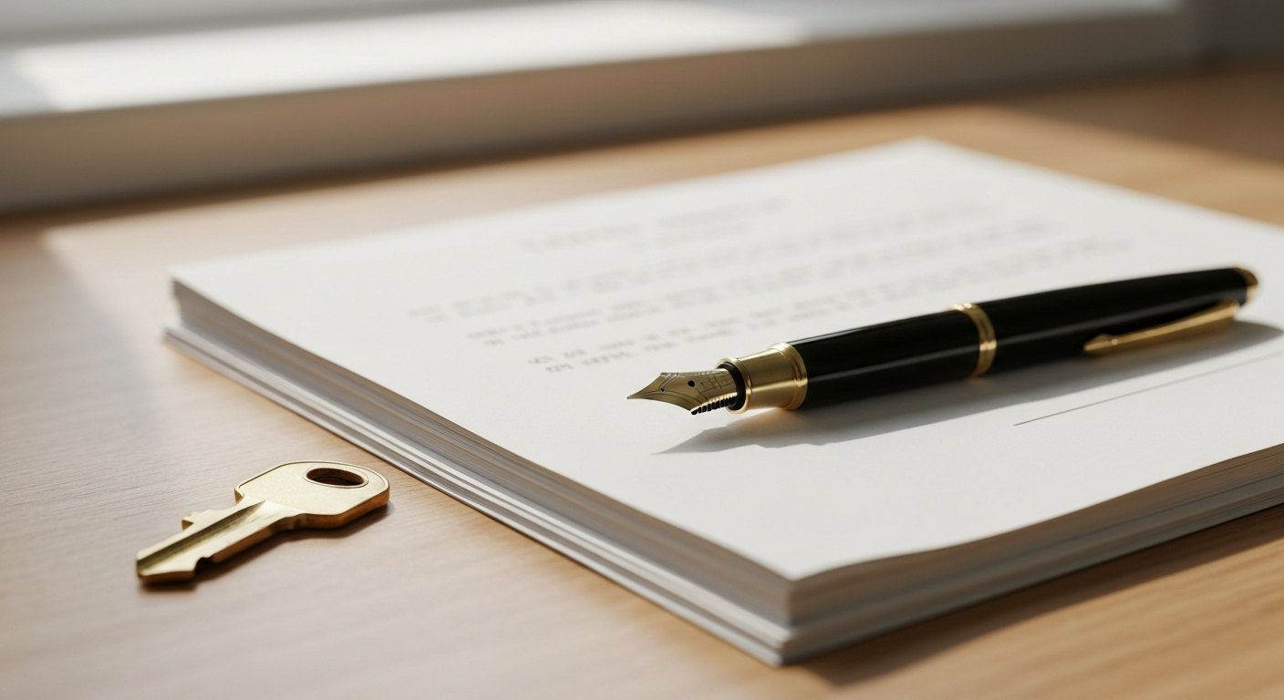 Fountain pen resting on rental documents beside a brass house key on a clean wooden desk