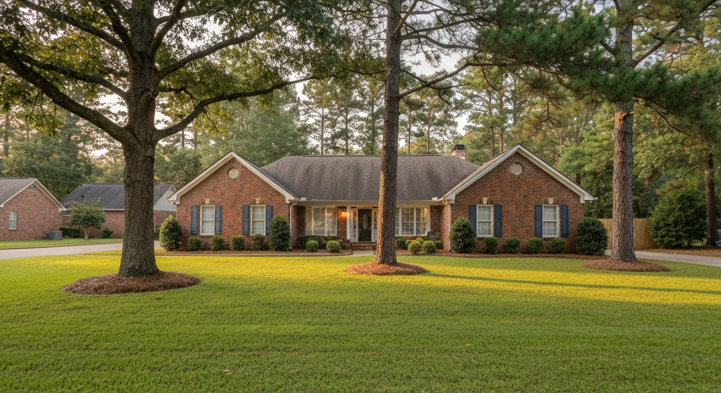 Well-maintained brick ranch home on a tree-lined residential street in Evans, Georgia at late-afternoon golden hour light