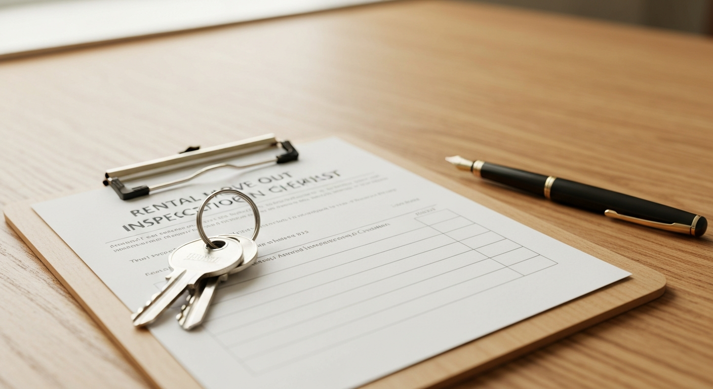 Move-out inspection clipboard with house keys and rental property checklist on clean wooden desk