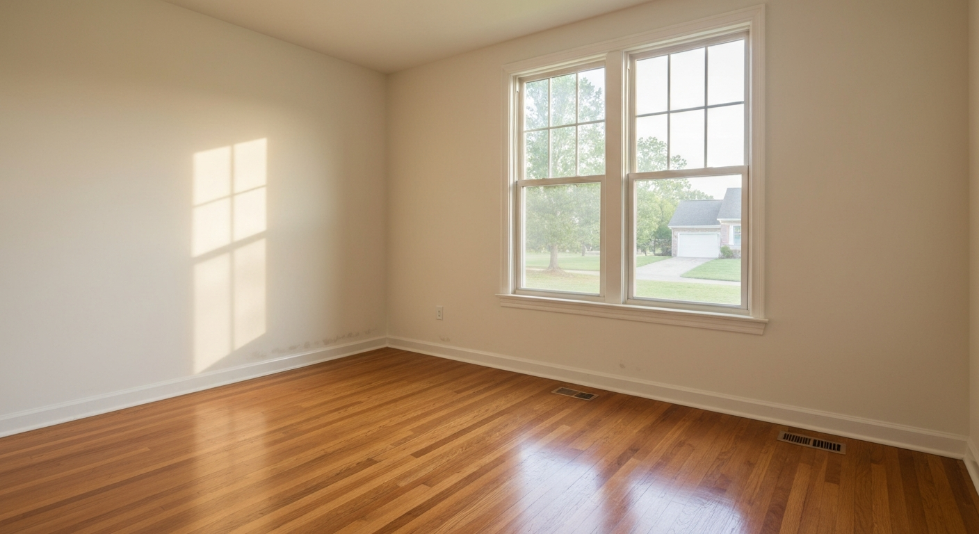 Clean freshly painted empty room with hardwood floors and natural light streaming through window
