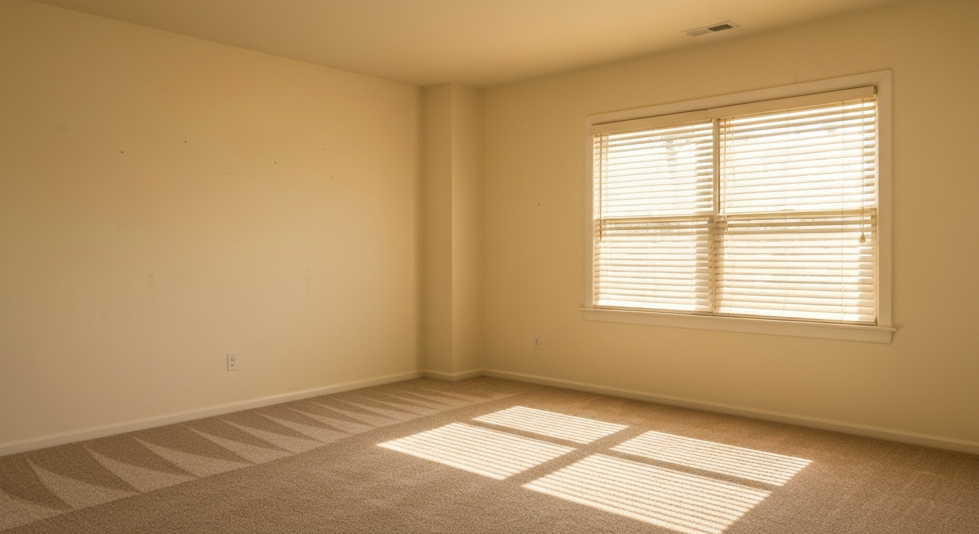 Clean bright rental home interior with freshly vacuumed carpet and warm afternoon light through windows