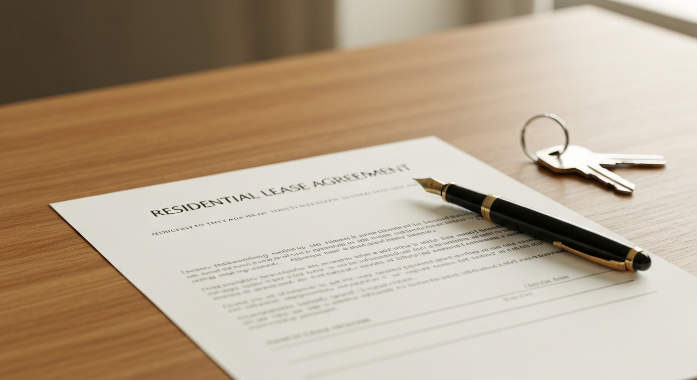 Residential lease document and fountain pen on wooden desk with house keys in warm natural light