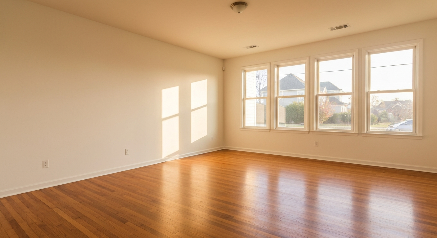 Empty freshly painted rental living room with hardwood floors and sunlight through tall windows