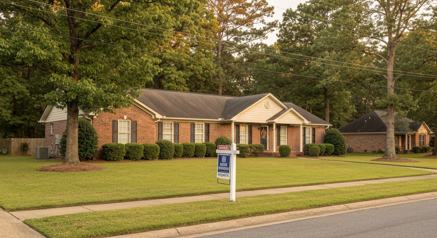 Brick ranch home in Evans Georgia with For Rent sign on manicured front lawn in warm late-afternoon sunlight
