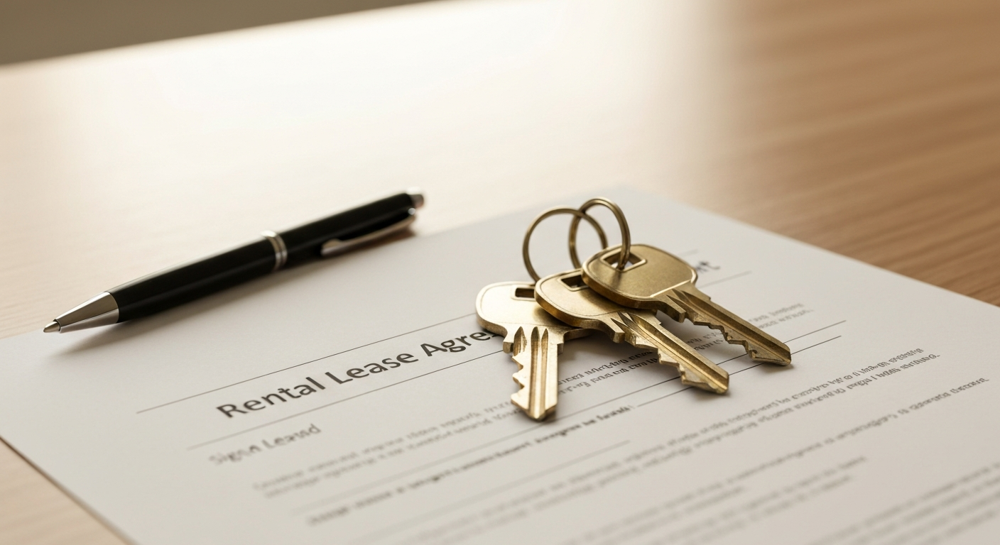 House keys and rental lease documents on a clean wooden desk with warm natural window light