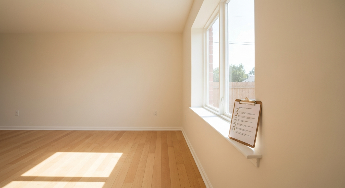 Empty freshly painted rental living room interior with hardwood floors and natural light through a large window