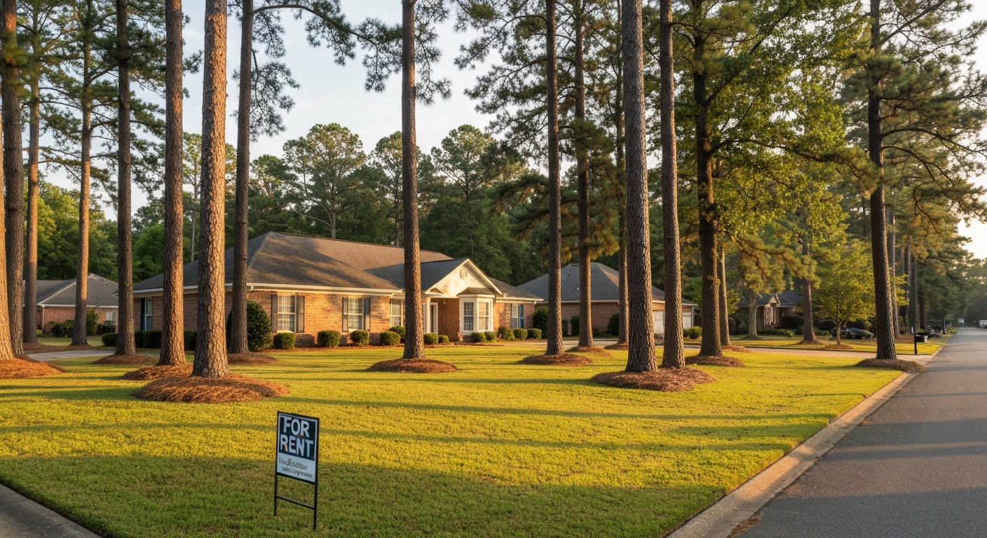 Well-maintained brick ranch home on a tree-lined Evans Georgia residential street in warm late-afternoon summer light