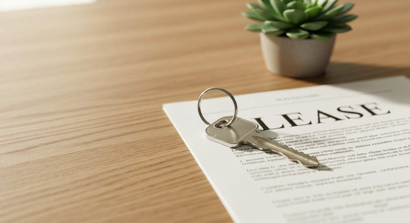 House key resting on a lease document beside a small plant on a clean oak desk