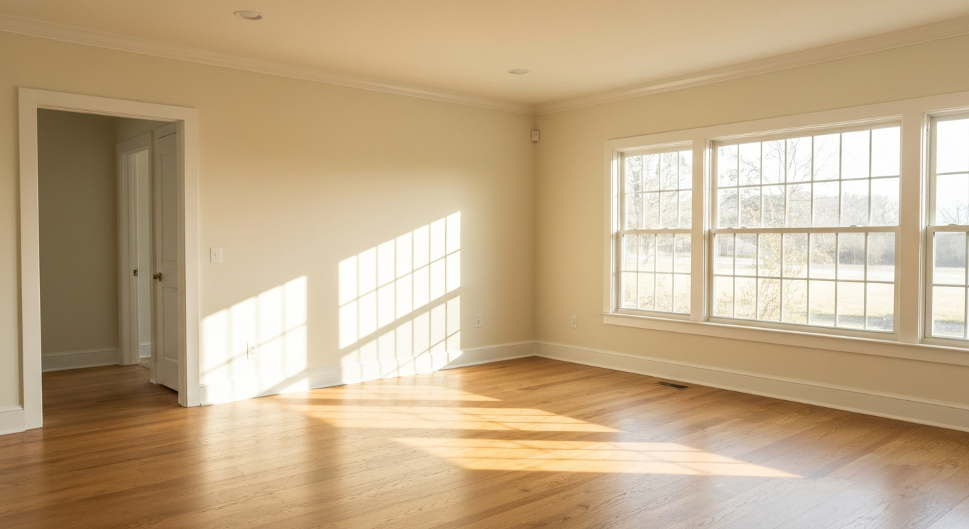 Sunlit clean living room interior with hardwood floors and cream walls in a Southern rental home