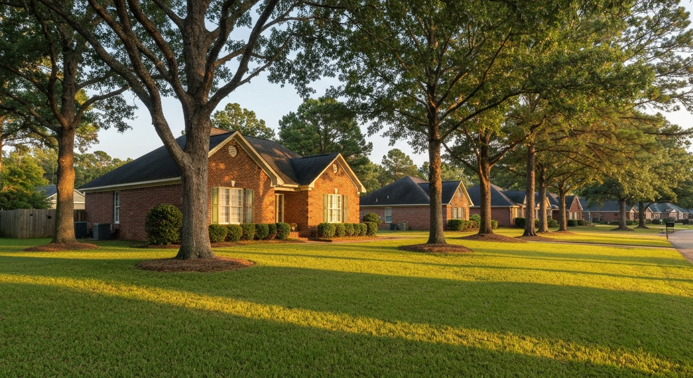 Tree-lined residential street in Grovetown, Georgia with brick ranch homes and manicured lawns in warm late-afternoon light