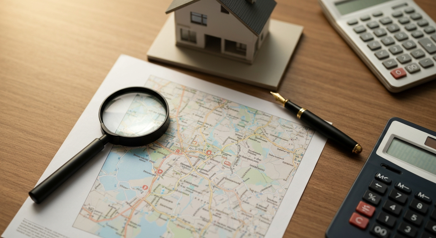 Investor's desk with an area map a magnifying glass and a small model home