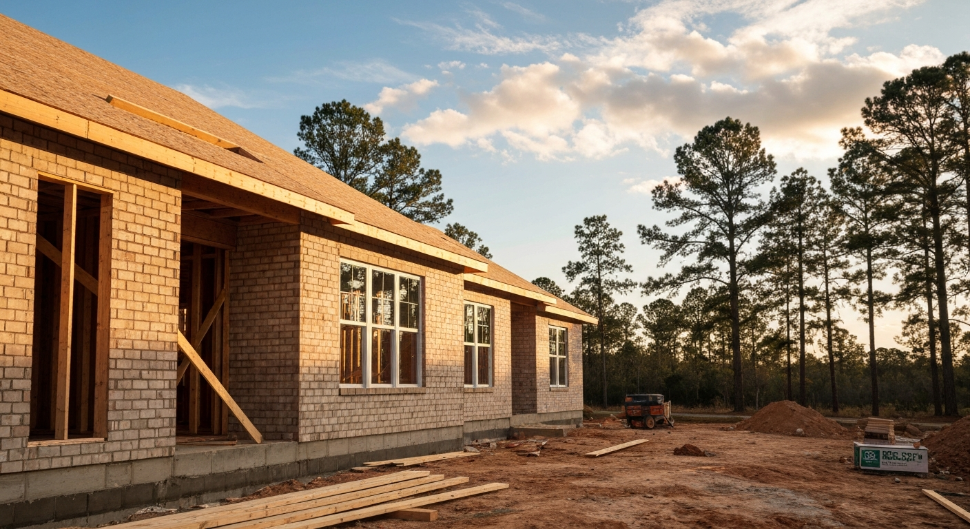 New-construction home with brick veneer and visible framing under a warm afternoon sky