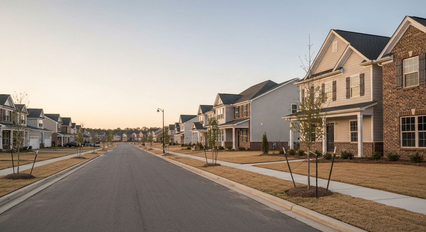 Newer construction single-family homes on a Grovetown Georgia residential street at golden hour
