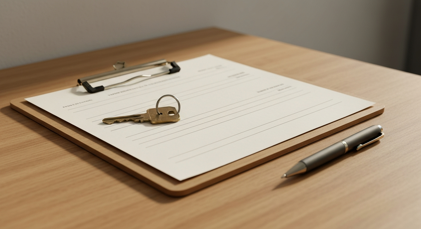 Housing inspection clipboard with checklist and house keys on a wooden desk with warm window light