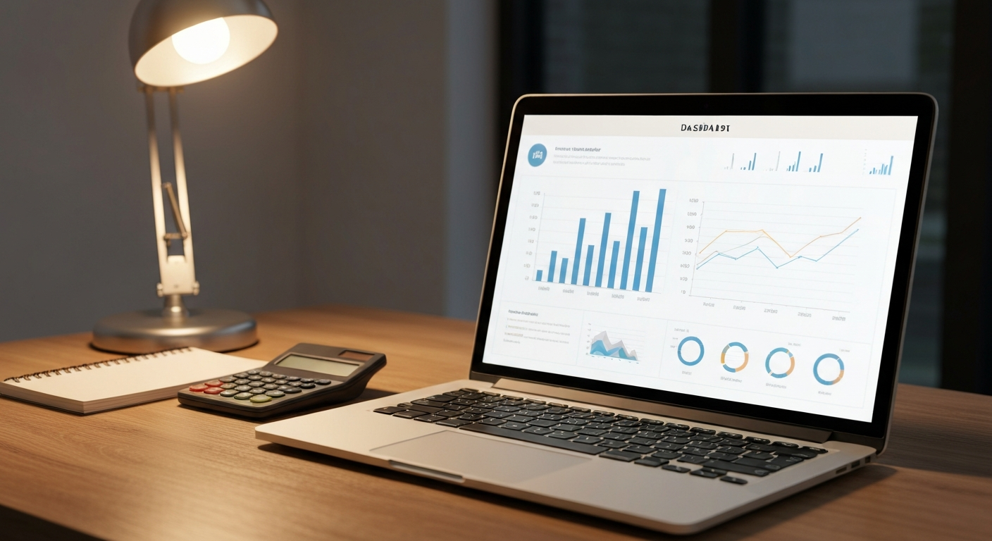 Laptop showing clean financial dashboard on wooden desk beside calculator and notepad in warm desk light