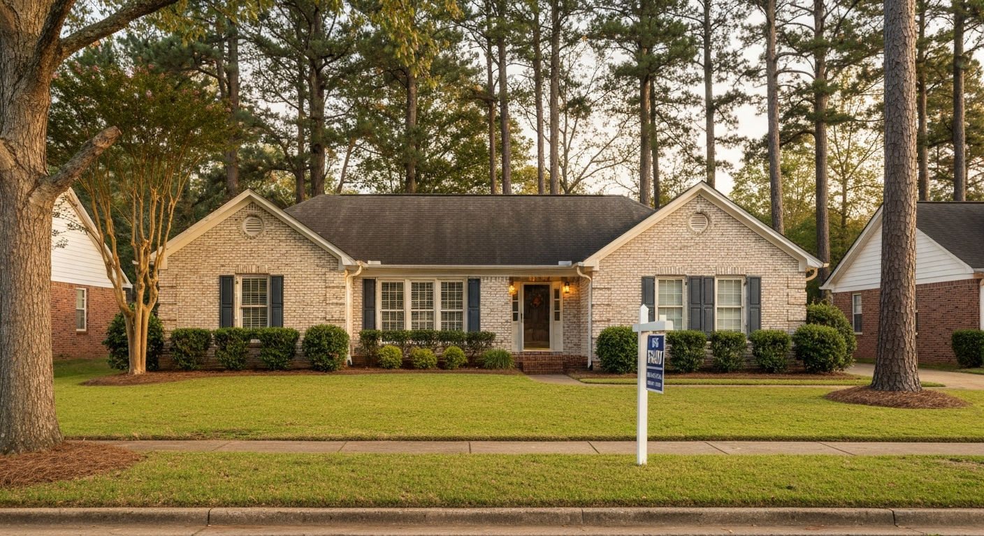 Well-maintained brick ranch home on an Evans Georgia residential street with For Rent sign in manicured front yard at golden hour