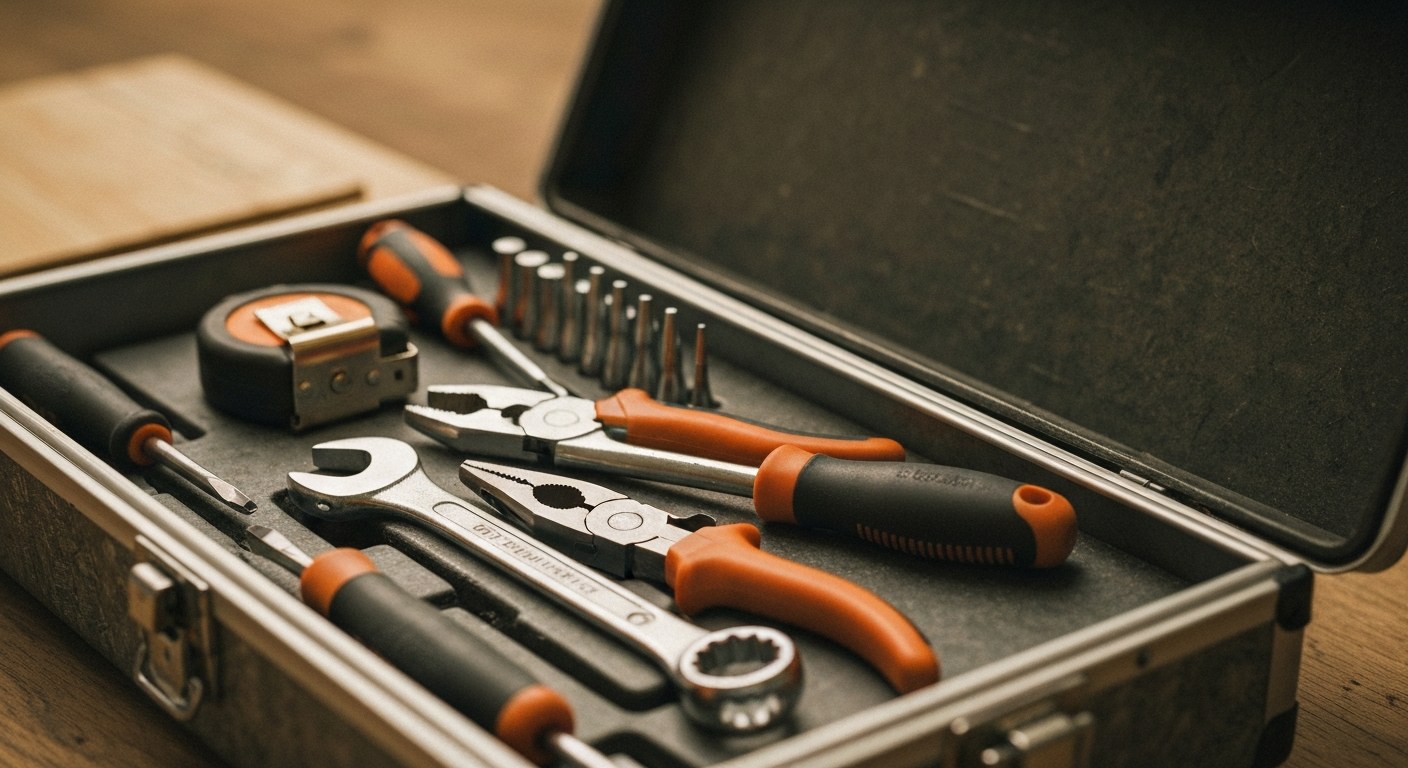 Maintenance toolbox with neatly organized hand tools and a brass key in warm afternoon light