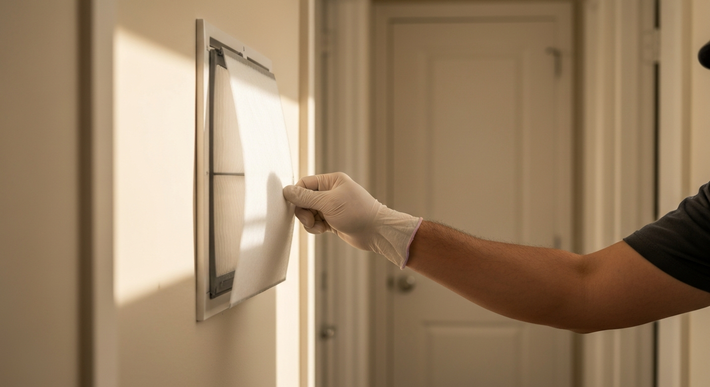 Gloved hand replacing a clean white HVAC air filter at a hallway return vent