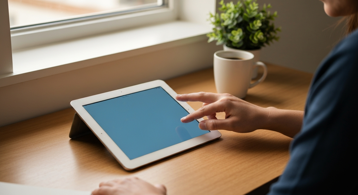 Hand using a tablet at a wooden desk with a coffee mug and a small plant in warm light