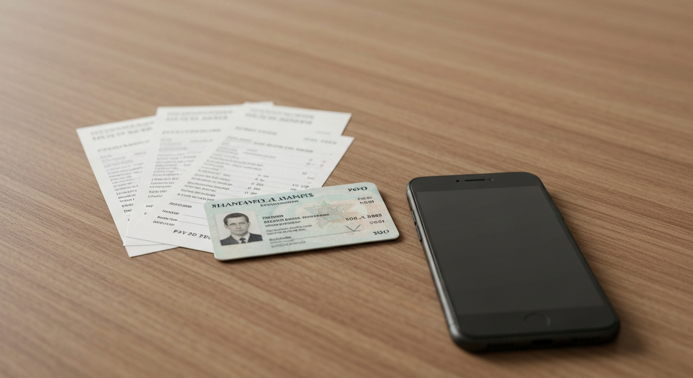 Government-style ID card pay-stubs and a smartphone on a clean wooden table