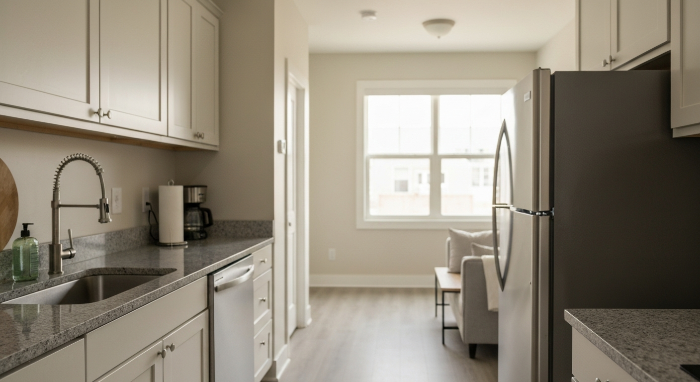 Clean vacant rental home interior with hardwood floors and keys on the kitchen counter