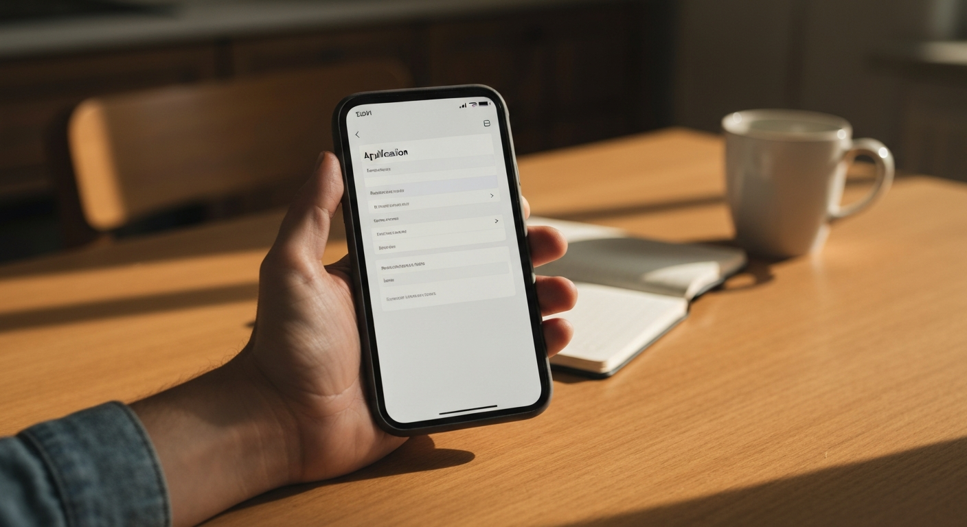 Hand holding a smartphone showing a rental application interface at a sunlit kitchen table