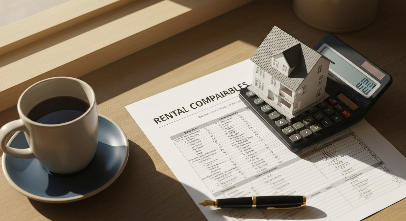 Investor's desk showing a rental comparables analysis, a calculator, and a small model home