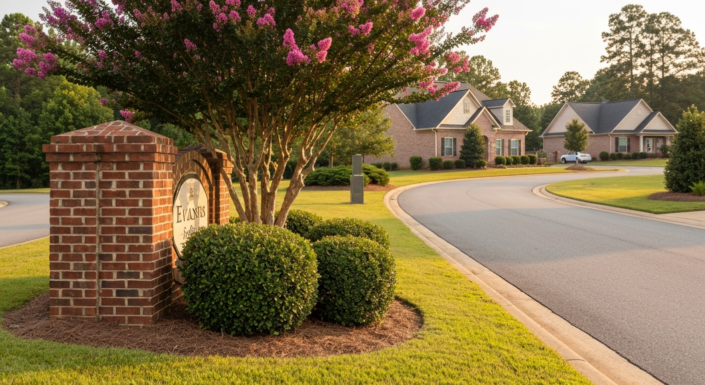 Brick subdivision entrance with crepe myrtles in an established Evans Georgia neighborhood