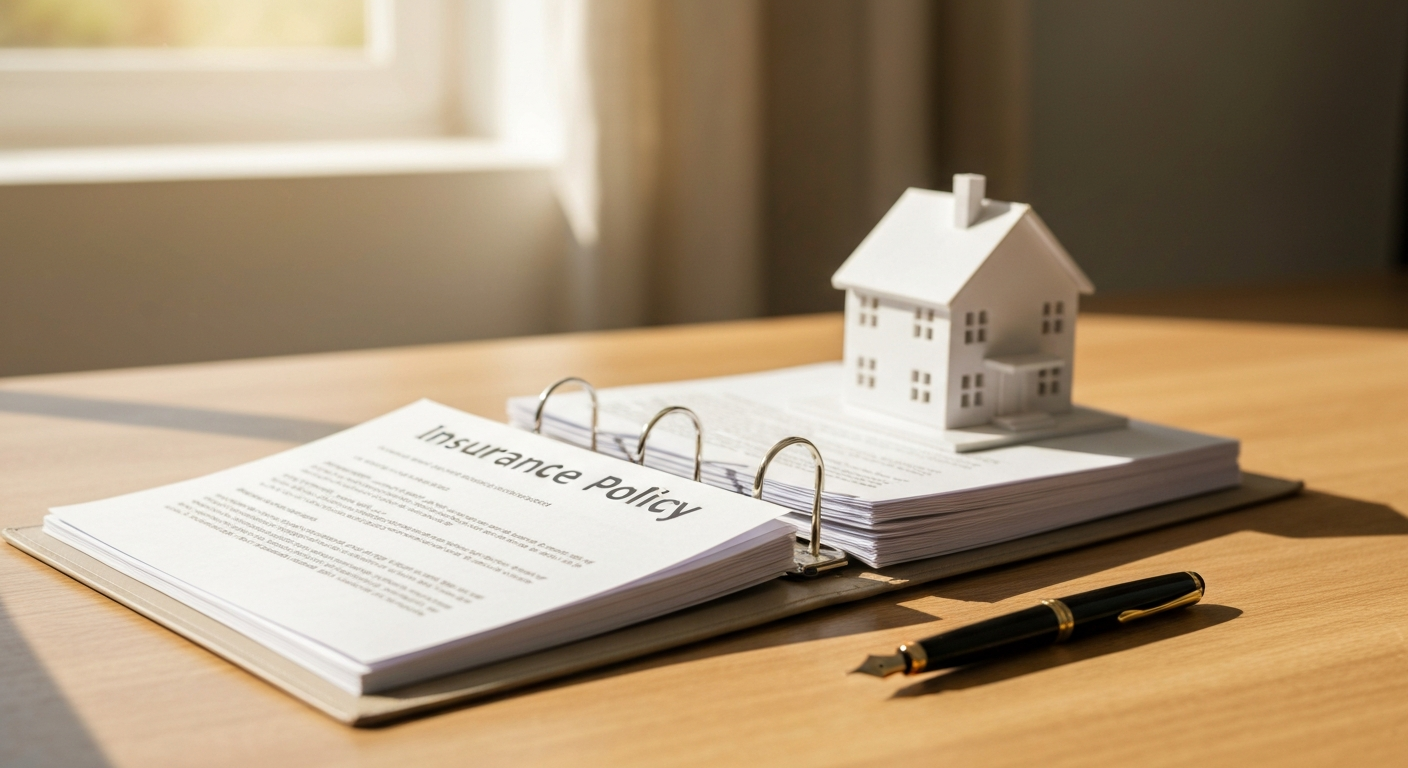 Open insurance binder with policy documents next to a small model home on a wooden desk in warm natural light