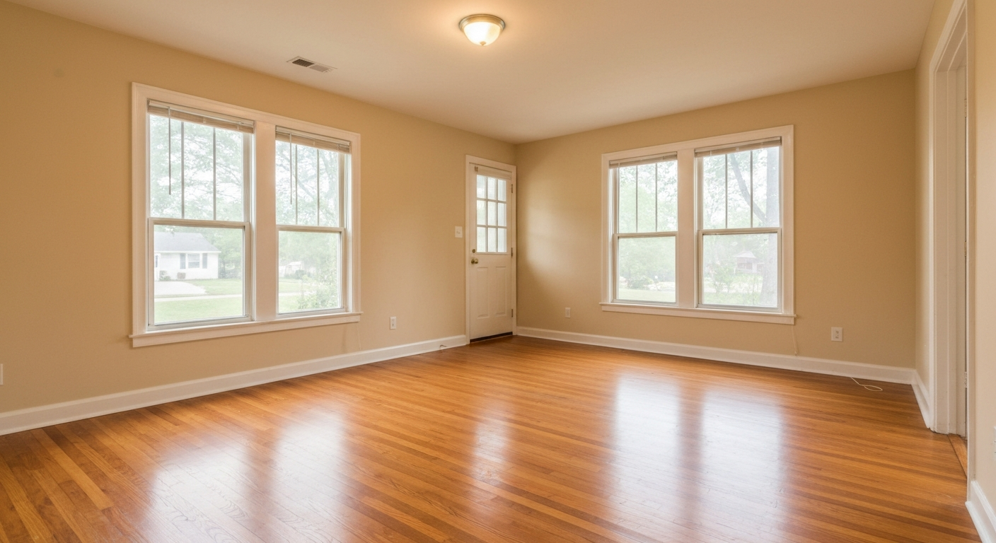 Freshly painted empty living room with hardwood floors and late-afternoon natural light suggesting a rental property restored after storm repairs