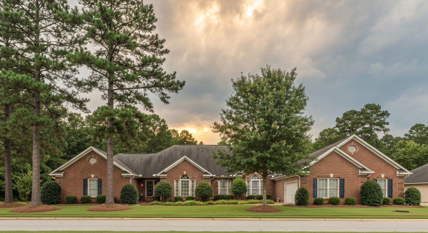Well-maintained brick ranch home in Evans Georgia framed by mature pine trees on a cloudy summer afternoon with warm tones