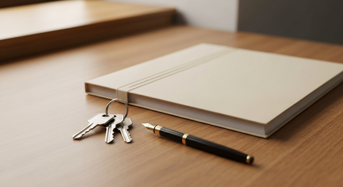 Lease agreement document with house keys and fountain pen on a clean wooden desk, warm window light
