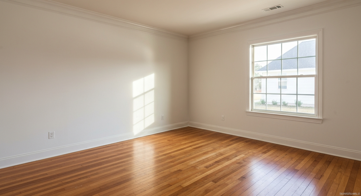 Empty freshly-painted living room interior with hardwood floors and natural light through a window in a Southeastern home