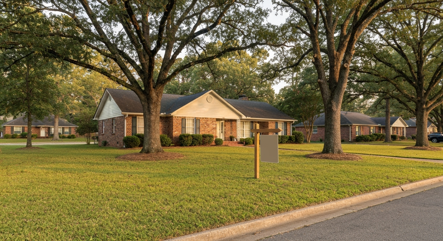 Brick ranch home on tree-lined Evans Georgia residential street with blank yard sign in late-afternoon golden hour light