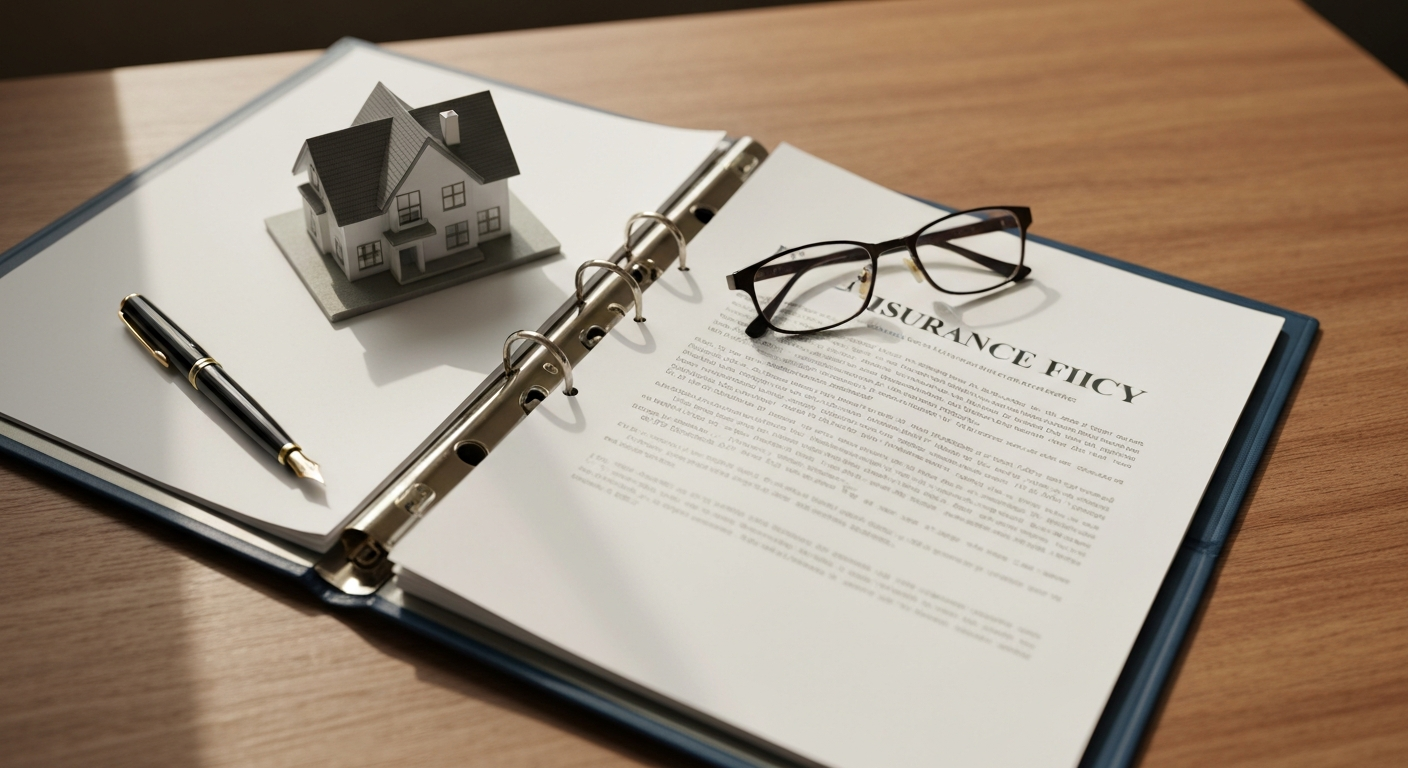 Open binder of insurance-style documents with a small model home and reading glasses