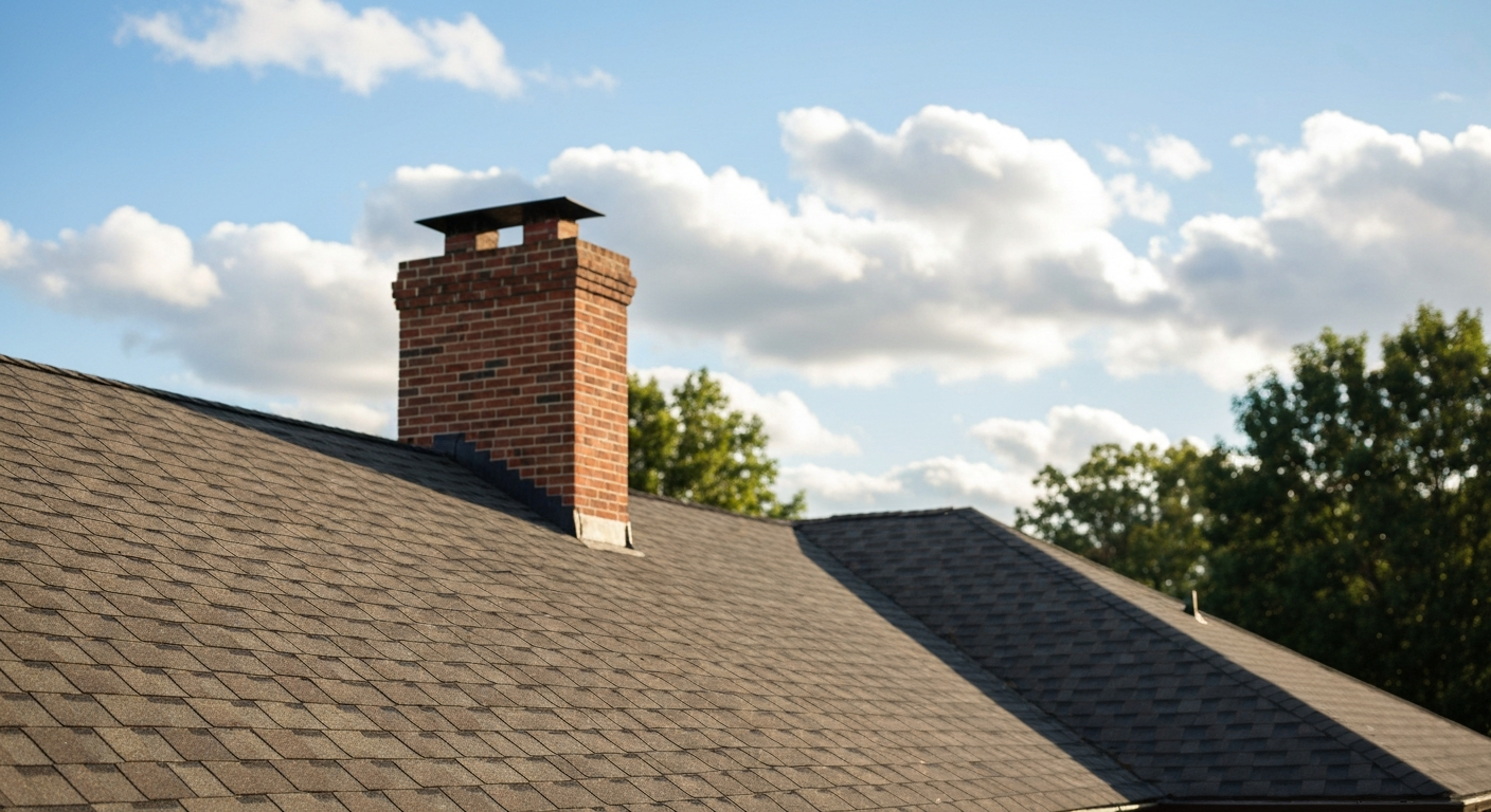Asphalt-shingle residential roof with a brick chimney under a warm afternoon sky