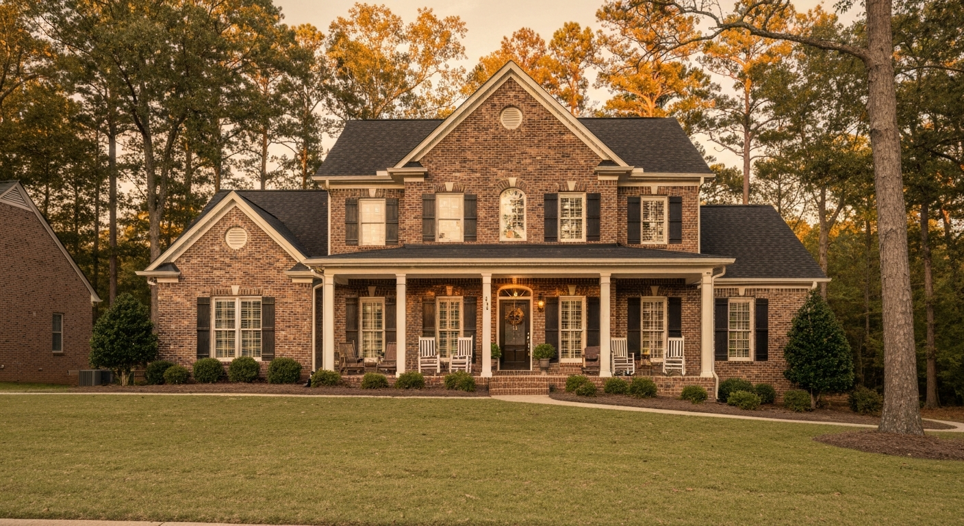 Two-story brick Southern home with a covered front porch at golden hour