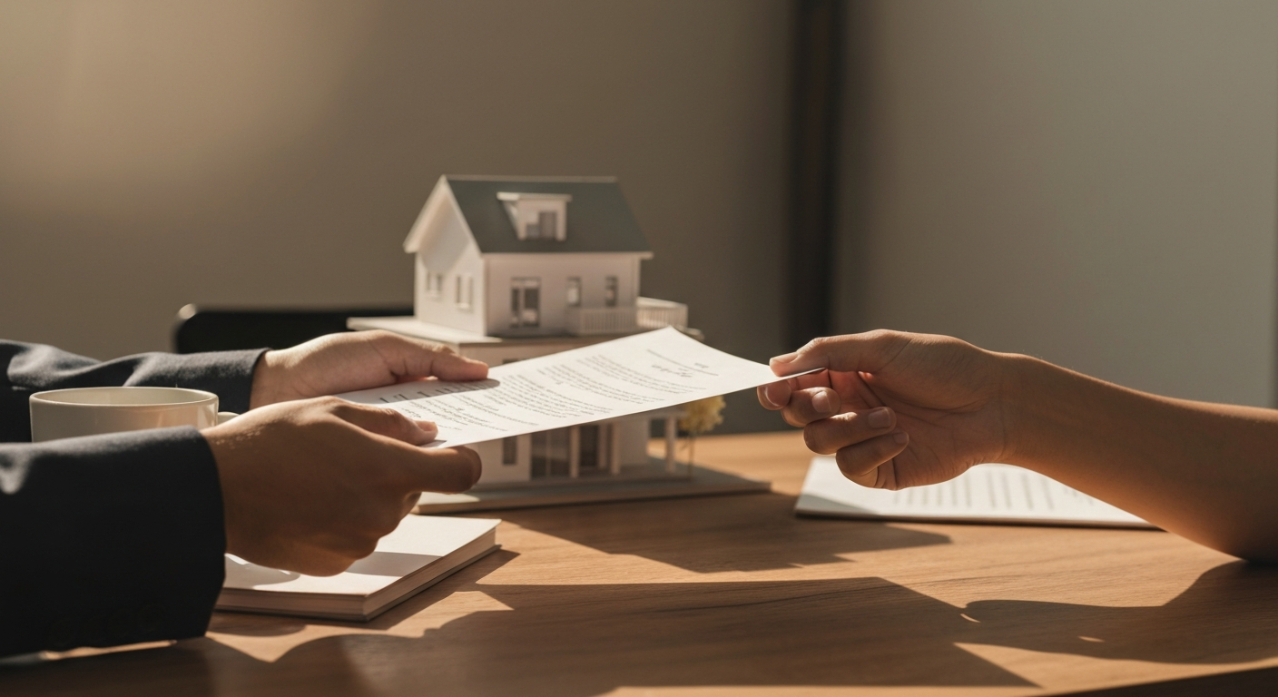 Two hands exchanging a folded lease-style document across a wooden desk