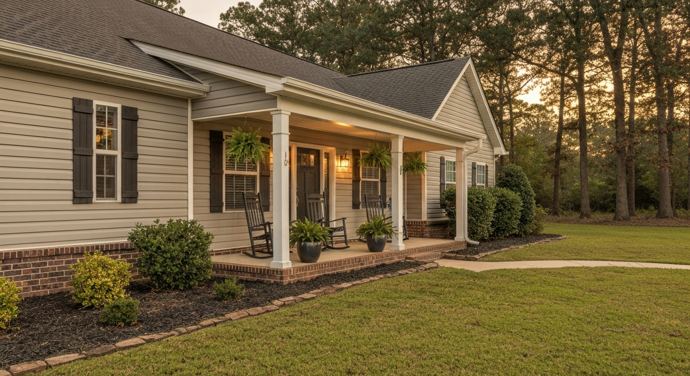 Welcoming Southern home with rocking chairs on a covered porch at golden hour