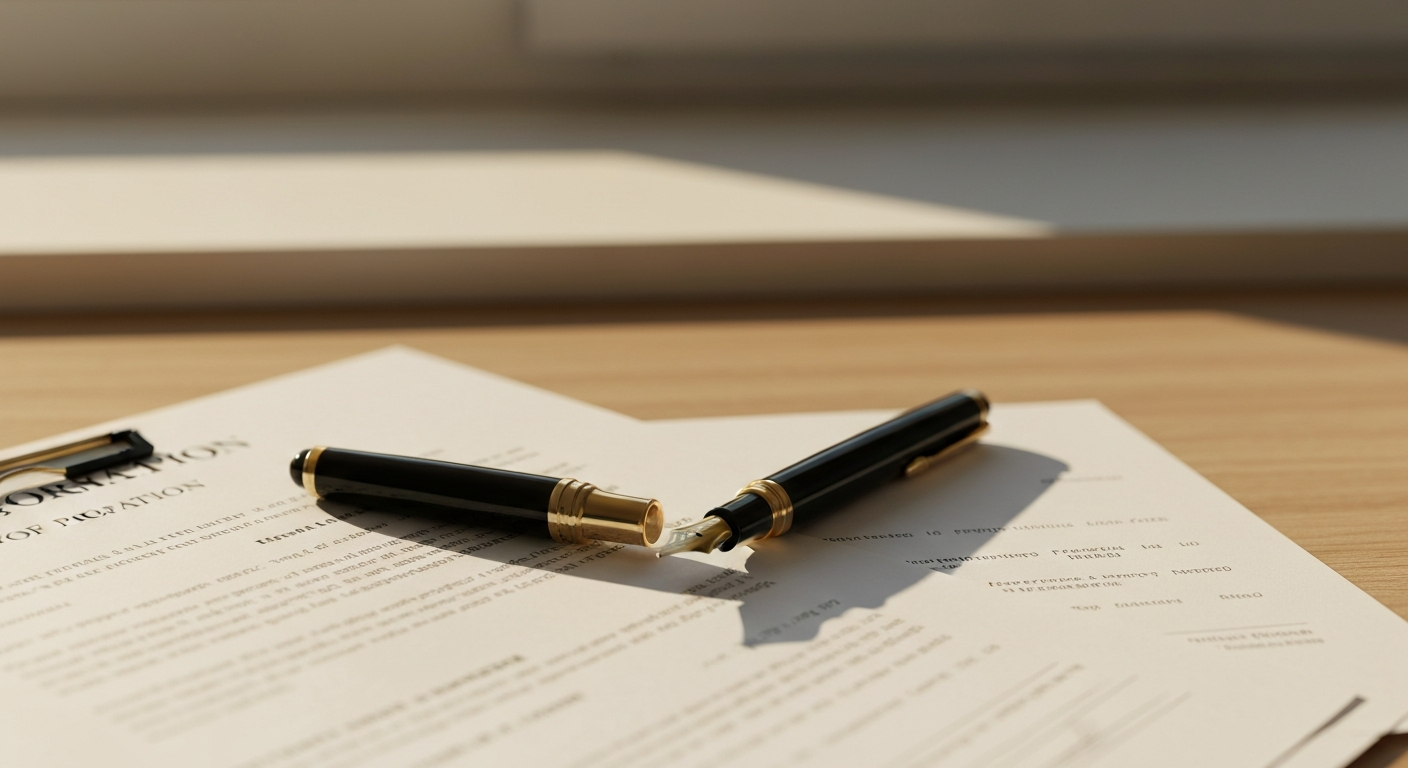 Georgia LLC Articles of Organization and a property deed with a fountain pen on a clean wooden desk