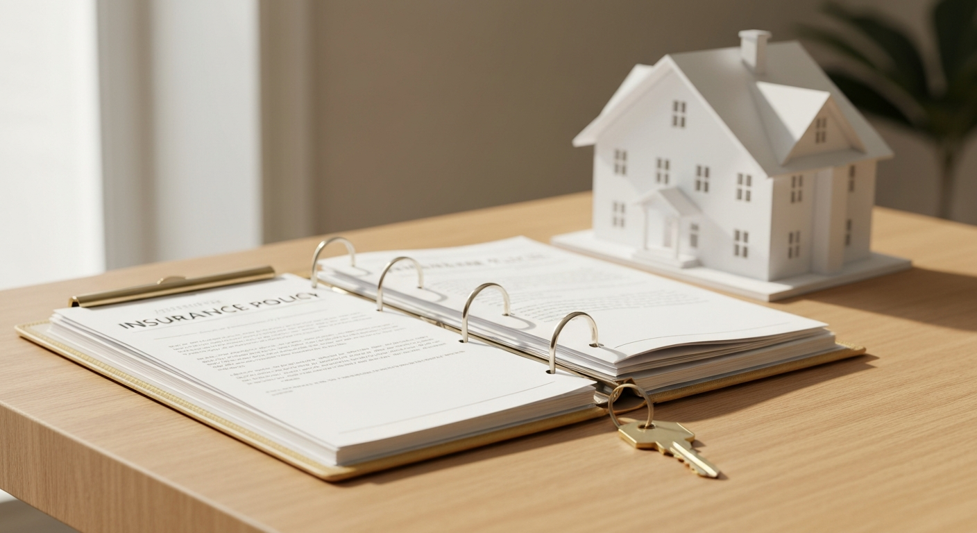 Open insurance policy binder beside a small architectural home model and a house key on a clean wooden desk