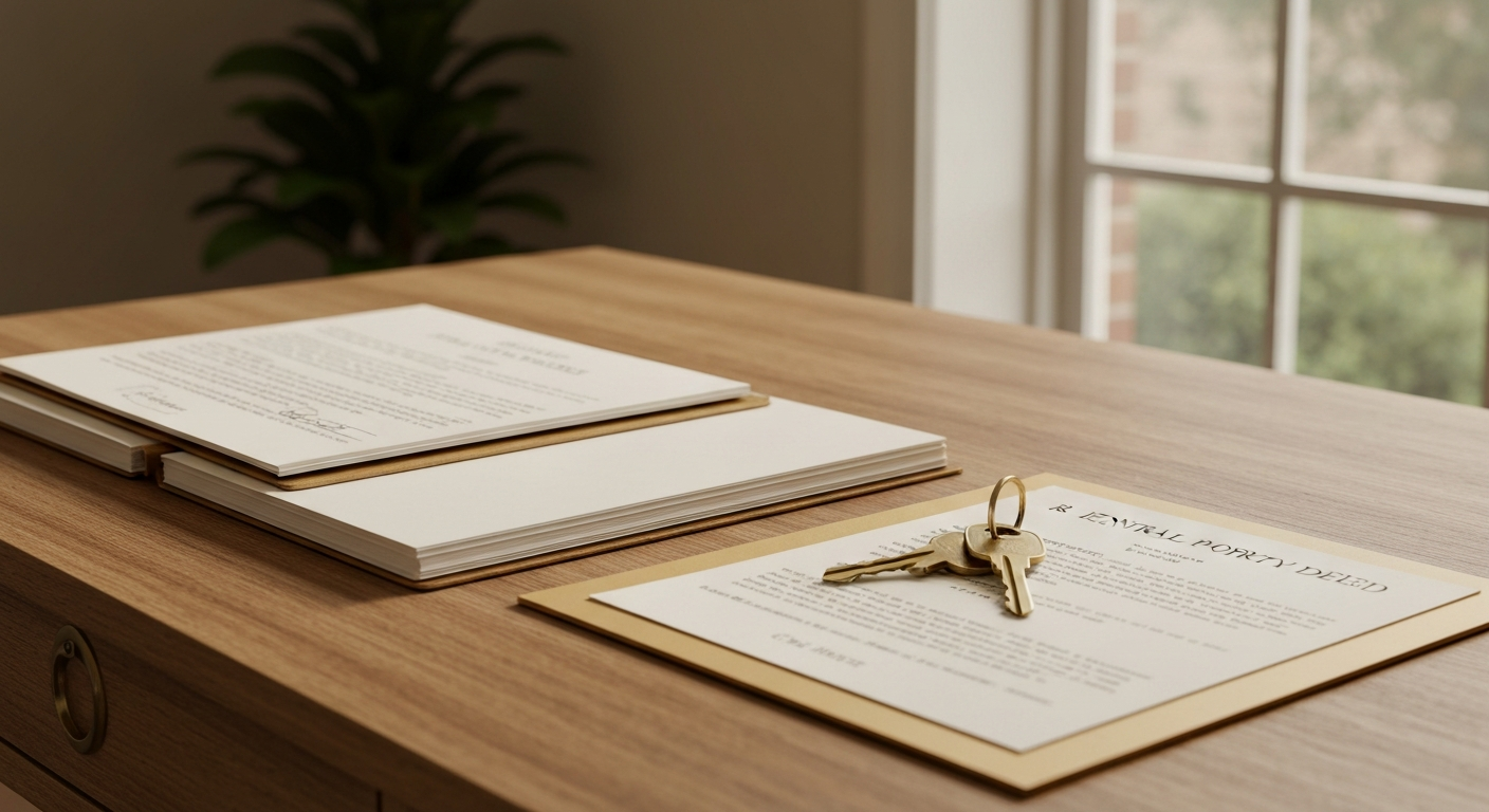 Home office desk with LLC formation documents, a rental property deed, and house keys in warm natural light